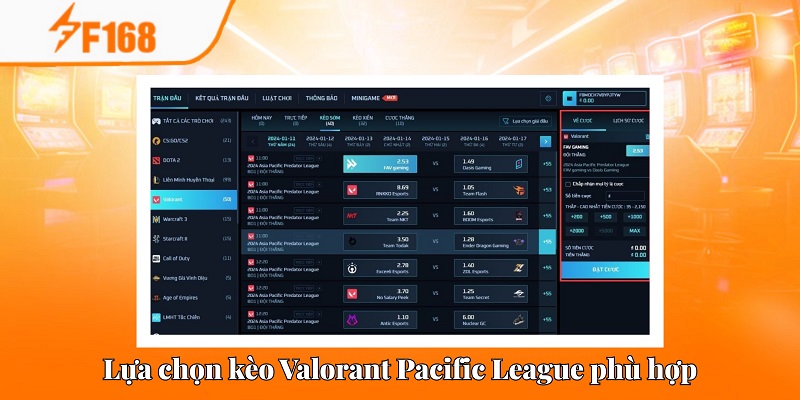 Mẹo Đặt Cược Valorant Pacific League Chuẩn Tại F168 6 Chọn kèo Valorant Pacific League dựa trên nhu cầu của bản thân